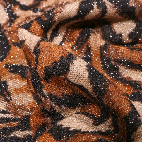 Tissu Maille lurex Feuilles  ocre sur fond Beige