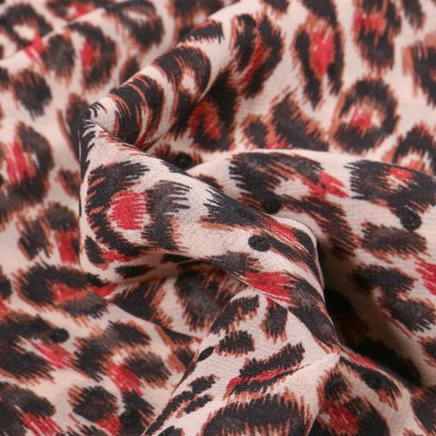 Tissu Mousseline Tâches léopard rouge sur fond Beige