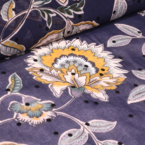 Tissu Mousseline Fleurs et pois en relief velours sur fond Bleu