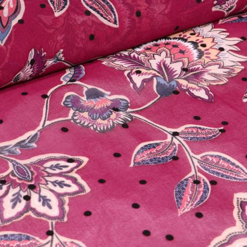 Tissu Mousseline Fleurs et pois en relief velours sur fond Rouge