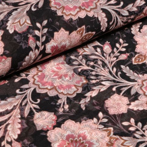 Tissu Tulle Stretch imprimé Fleuris rose poudré sur fond Noir