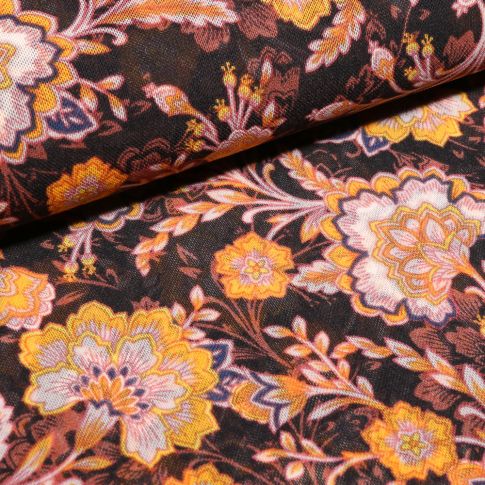 Tissu Tulle Stretch imprimé Fleuris jaune orangé sur fond Noir