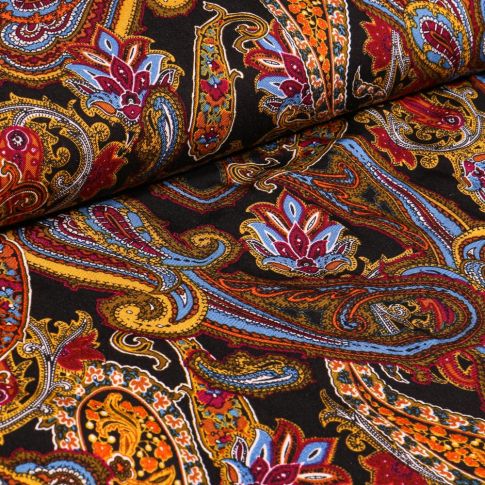 Tissu Viscose Twill Grand motifs cachemire fleuris sur fond Noir