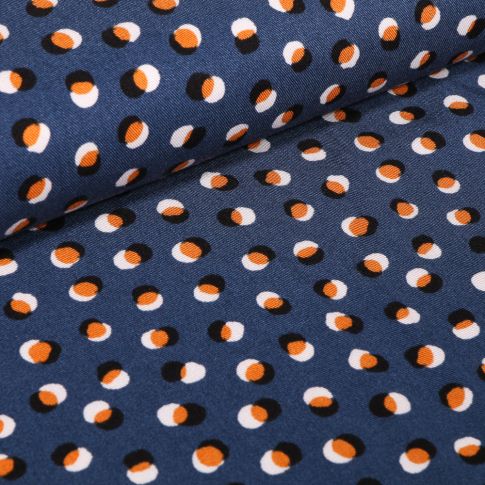 Tissu Viscose Twill Pois jaunes et noirs sur fond Bleu nuit