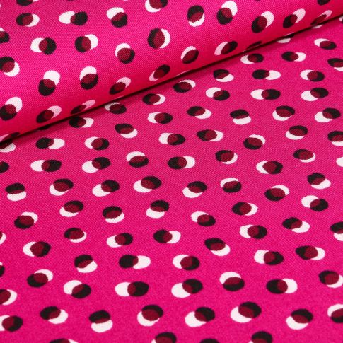 Tissu Viscose Twill Pois noirs et rouges sur fond Rose fuchsia