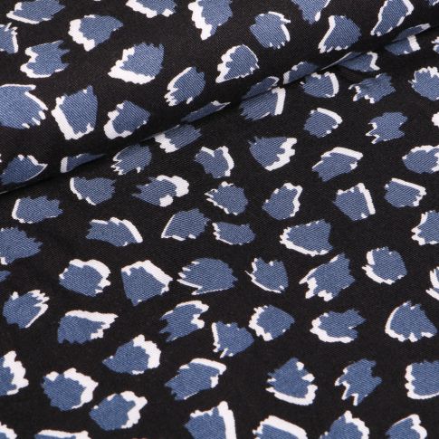 Tissu  Viscose Twill Tacheté bleu sur fond Noir