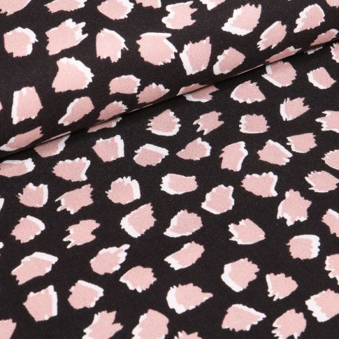 Tissu  Viscose Twill Tacheté rose sur fond Noir