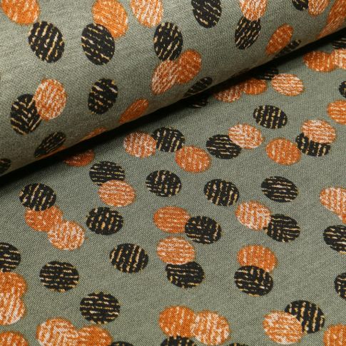 Tissu Jersey Milano  Cercles ocre et noirs sur fond Vert kaki