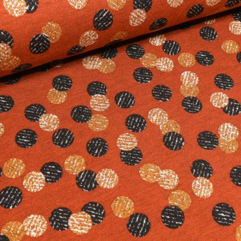 Tissu Jersey Milano  Cercles noirs et jaunes sur fond Orange