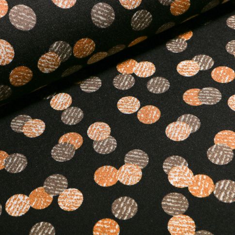 Tissu Jersey Milano  Cercles noirs et jaunes sur fond Bleu marine