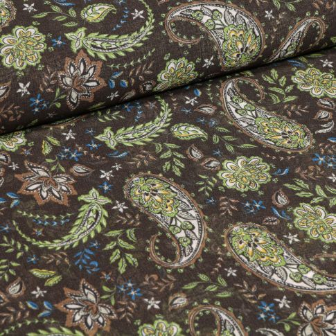 Tissu Crêpe Motifs cachemire sur fond Marron