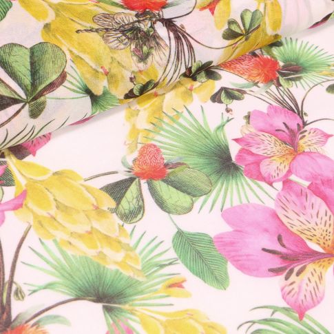 Tissu Crêpe lisse Fleurs et feuilles exotiques sur fond Blanc cassé