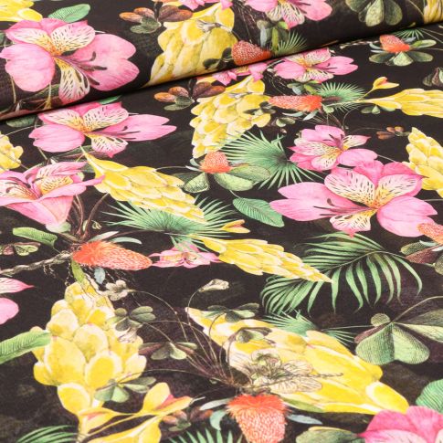 Tissu Mousseline Tropiques sur fond Noir