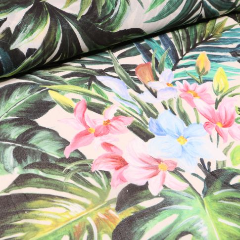 Tissu Crêpe Feuilles et fleurs exotique sur fond Blanc