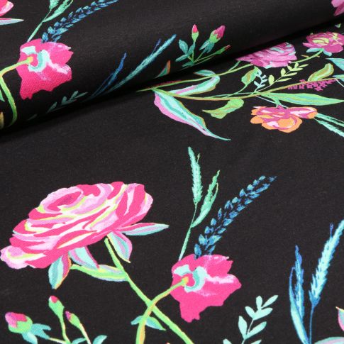 Tissu Jersey Viscose Bouton de rose sur fond Noir