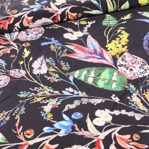 Tissu Cupro Feuilles colorés sur fond Noir