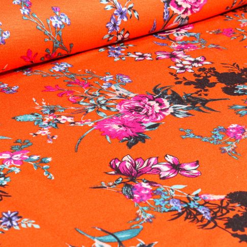 Tissu Jersey Viscose  Bouquets de Pivoine sur fond Orange
