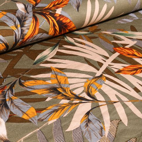 Tissu Jersey Viscose Feuilles de palmier sur fond Vert kaki clair