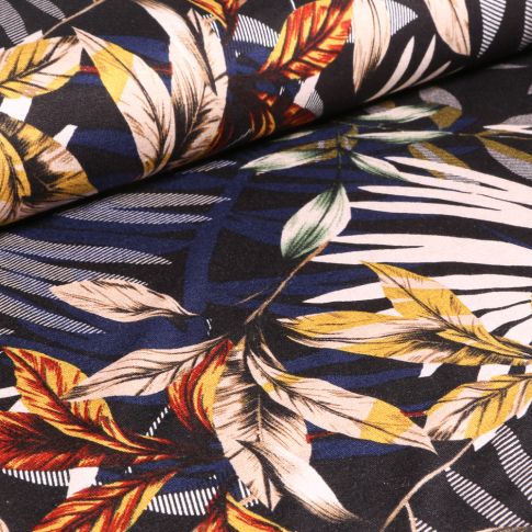 Tissu Jersey Viscose Feuilles de palmier sur fond Bleu marine
