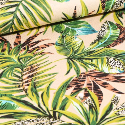Tissu Jersey Viscose  Feuilles de palmier et imprimé léopard sur fond Beige