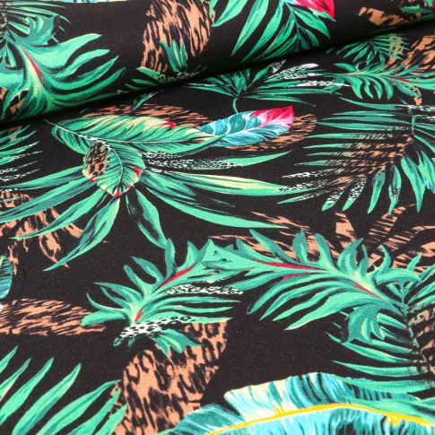 Tissu Jersey Viscose  Feuilles de palmier et imprimé léopard sur fond Noir