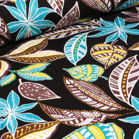 Tissu Jersey Viscose Feuilles tropicales turquoise et marron sur fond Noir