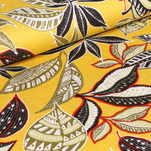 Tissu Jersey Viscose  Feuilles de Calathéa sur fond Jaune