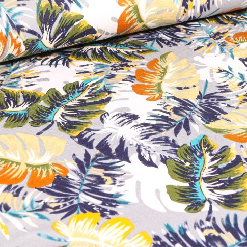 Tissu Jersey Viscose  Feuilles philodendron sur fond Gris acier