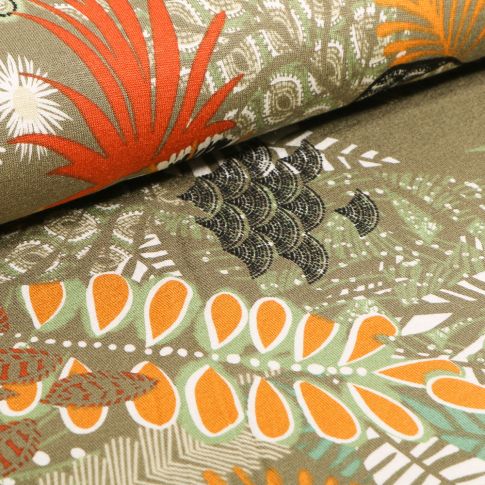 Tissu Jersey Viscose  Feuille de philodendron sur fond Vert kaki clair