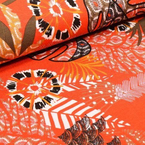 Tissu Jersey Viscose  Feuille de philodendron sur fond Orange