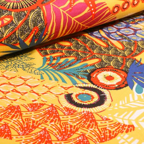 Tissu Jersey Viscose  Feuille de philodendron sur fond Jaune