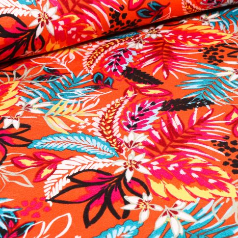 Tissu Jersey Viscose  Feuilles tropicales sur fond Orange