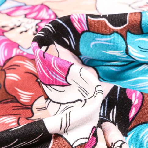 Tissu Jersey Viscose  Pivoines colorés sur fond Brique