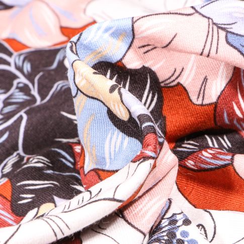 Tissu Jersey Viscose  Pivoines colorés sur fond Orange