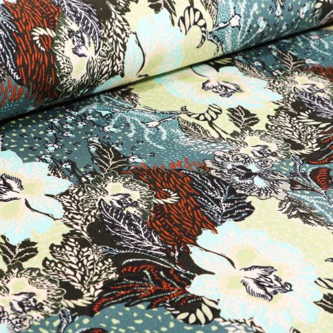 Tissu Jersey Viscose  Grandes fleurs colorées sur fond Vert d'eau