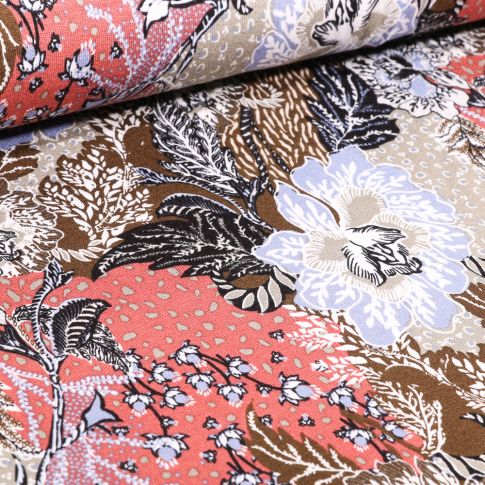 Tissu Jersey Viscose  Grandes fleurs colorées sur fond Saumon