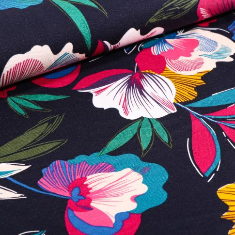 Tissu Jersey Viscose  Fleurs vitaminées sur fond Bleu marine