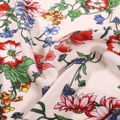 Tissu Viscose légère Fleuris sur fond Blanc cassé