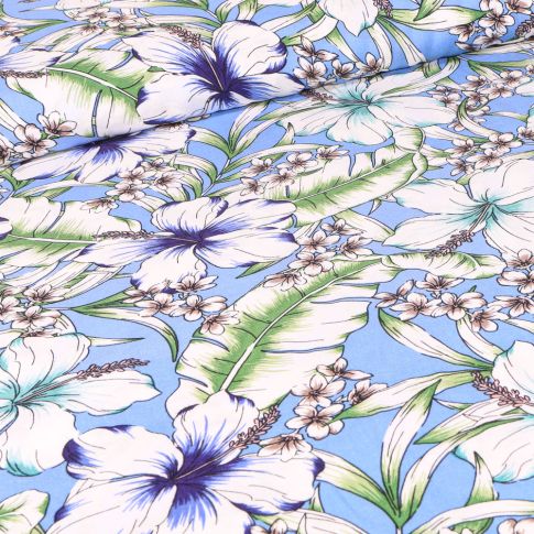 Tissu Viscose Tropicana sur fond Bleu ciel