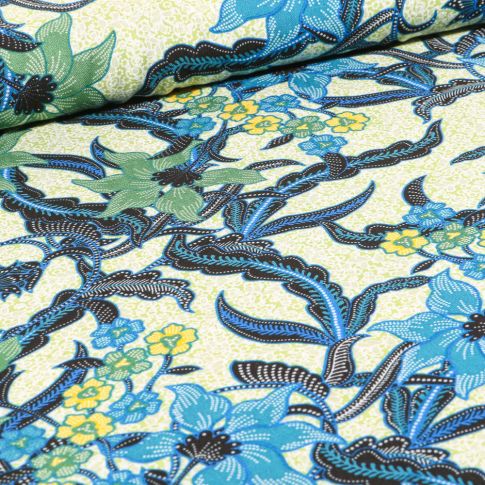 Tissu Viscose Fleurs et lianes sur fond Vert pâle
