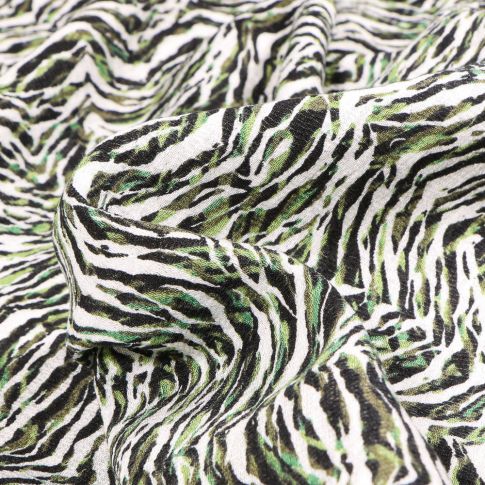 Tissu Viscose texturé Motifs zébrés noirs et verts sur fond Blanc