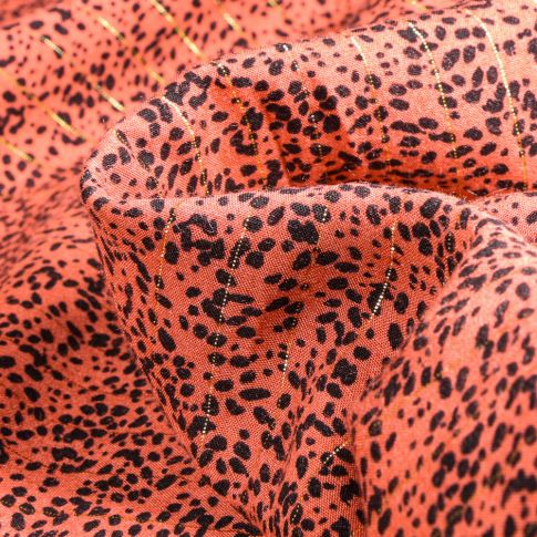 Tissu Viscose lurex Pois noirs sur fond Orange