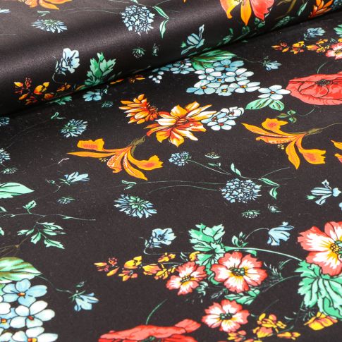 Tissu Jersey Coton Fleurs et coquelicots sur fond Noir