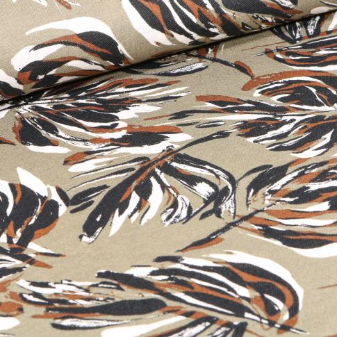 Tissu Jersey Viscose aspect maille Feuilles noires et marrons sur fond Beige