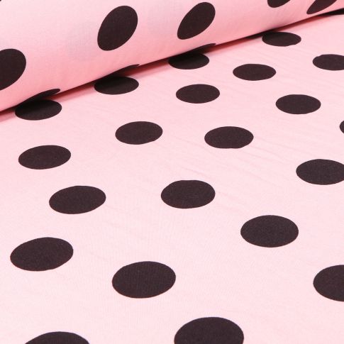 Tissu Viscose légère Gros pois noirs sur fond Rose pâle