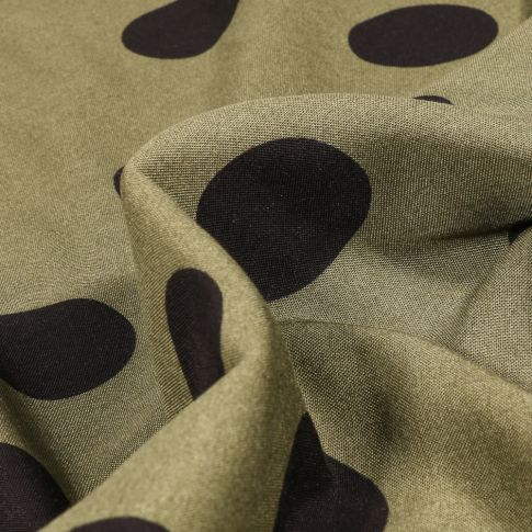 Tissu Viscose légère Grand pois noirs sur fond Vert kaki