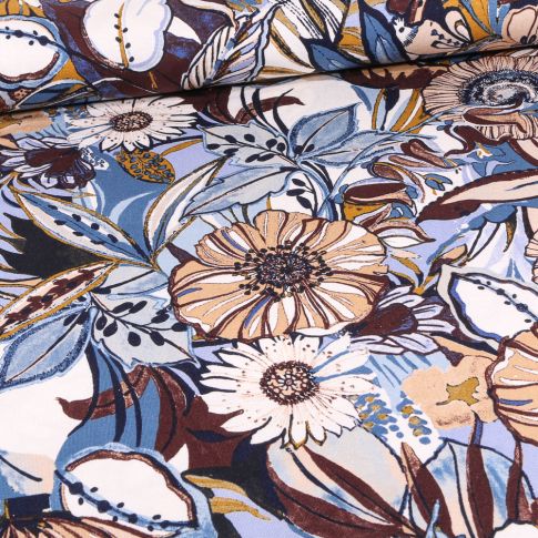 Tissu Jersey Viscose Fleur Clothilde Bleu sur fond Marron