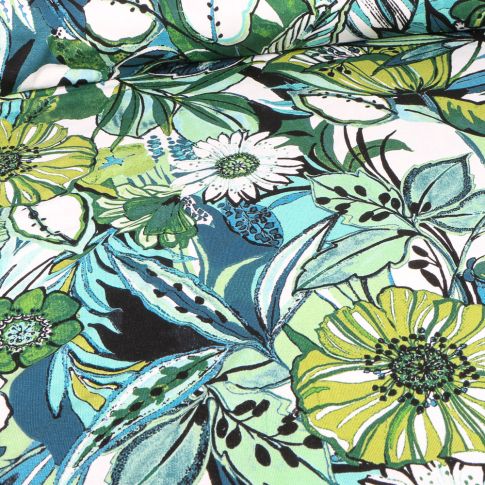 Tissu Jersey Viscose Fleur Clothilde Bleu sur fond Vert clair