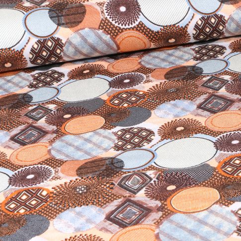 Tissu Jersey Viscose  Cercles variés sur fond Beige clair