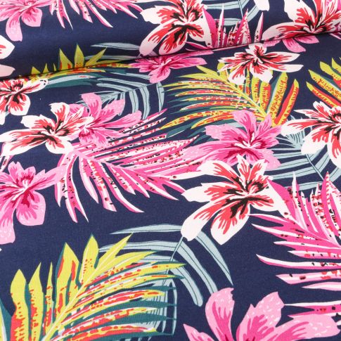Tissu Jersey Viscose Feuilles tropicales colorées sur fond Bleu marine
